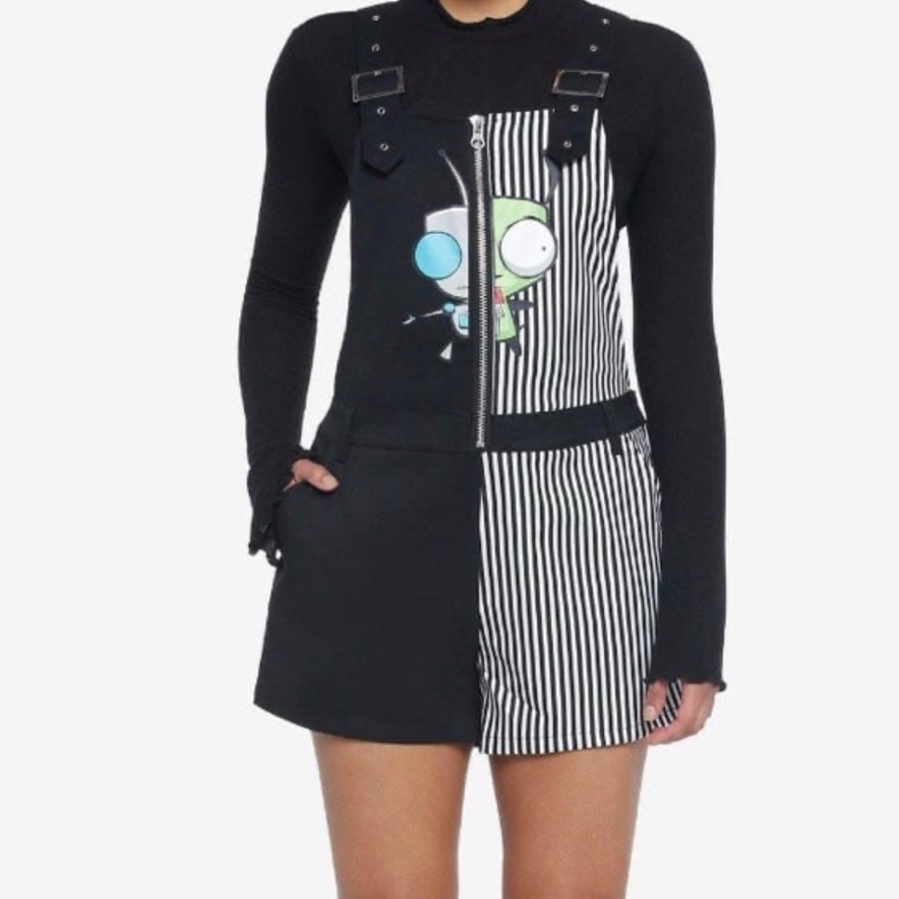 INVADER ZIM STRIPPED BLACK/WHITE SHORTALLS HOT TOPIC NICKLEODEON SIZE L